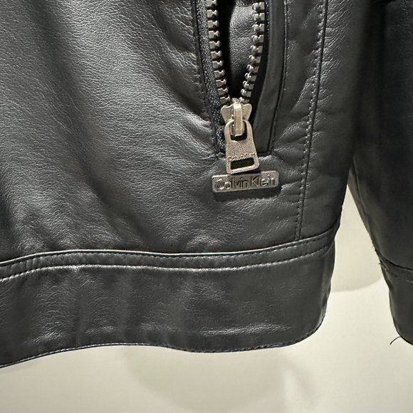 Men's Calvin Klein Black PU Leather Hooded Heavy Thick Motorcycle Style Jacket - Picture 3 of 7